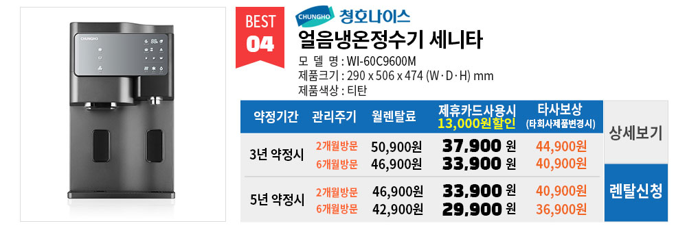 청호나이스 정수기 렌탈가격